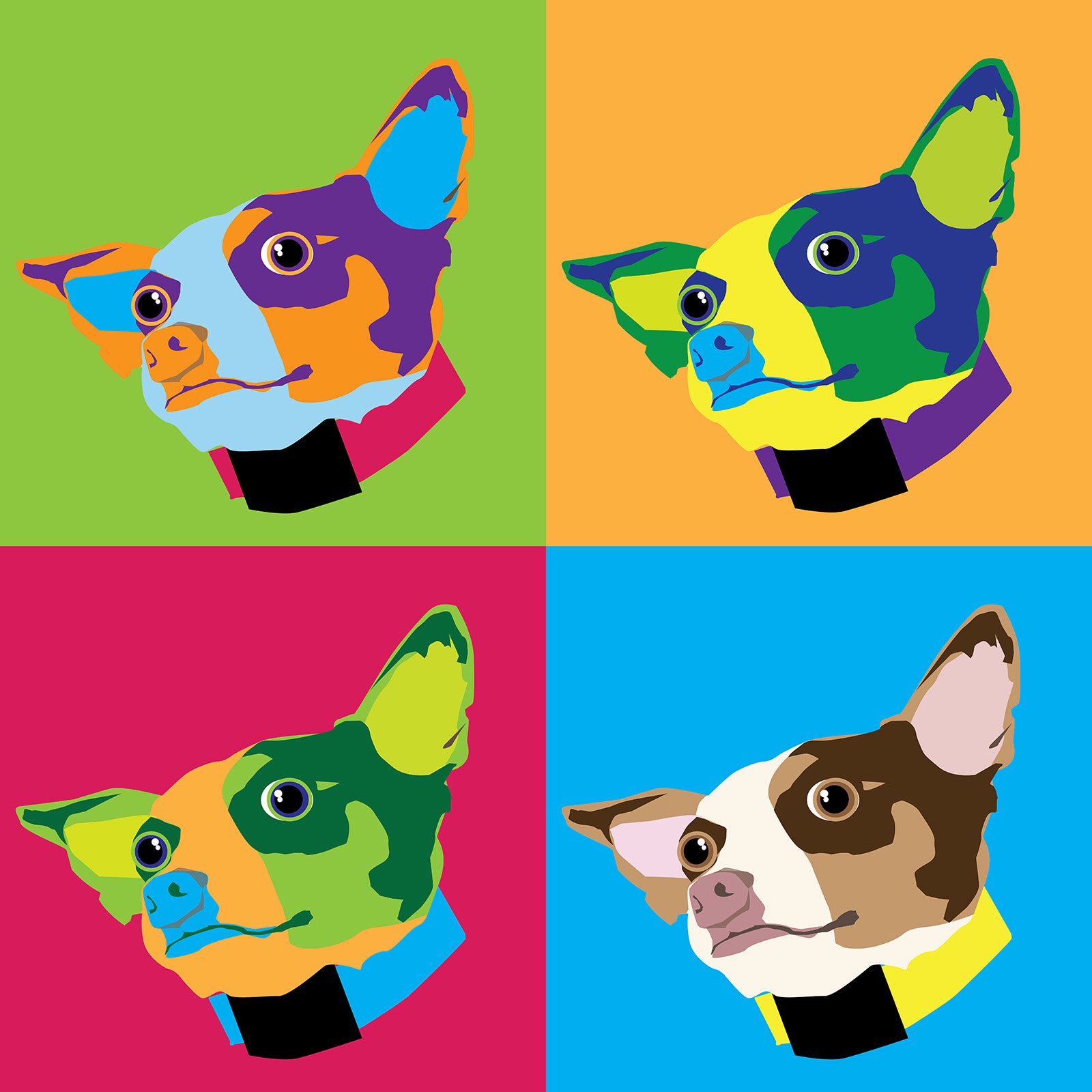 Pop art portrait of a dog's face, digitally rotoscoped as vector art.