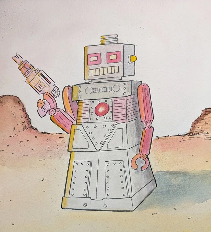 Original watercolor painting of a robot by John Everett Morton